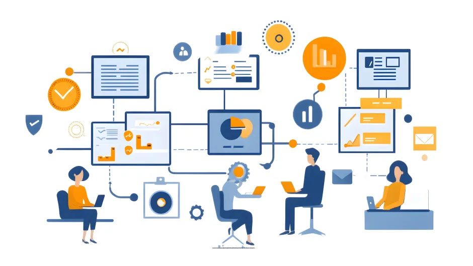 Grafische Darstellung eines Planungsprozesses mit stilisierten Computern, Personen und Pfeilen
